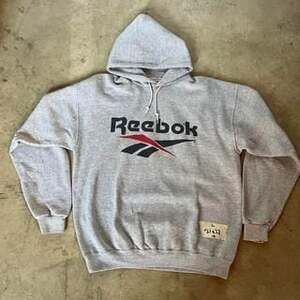 Vintage 90s Reebok Logo Hoodie Sweatshirt Grey Made in USA